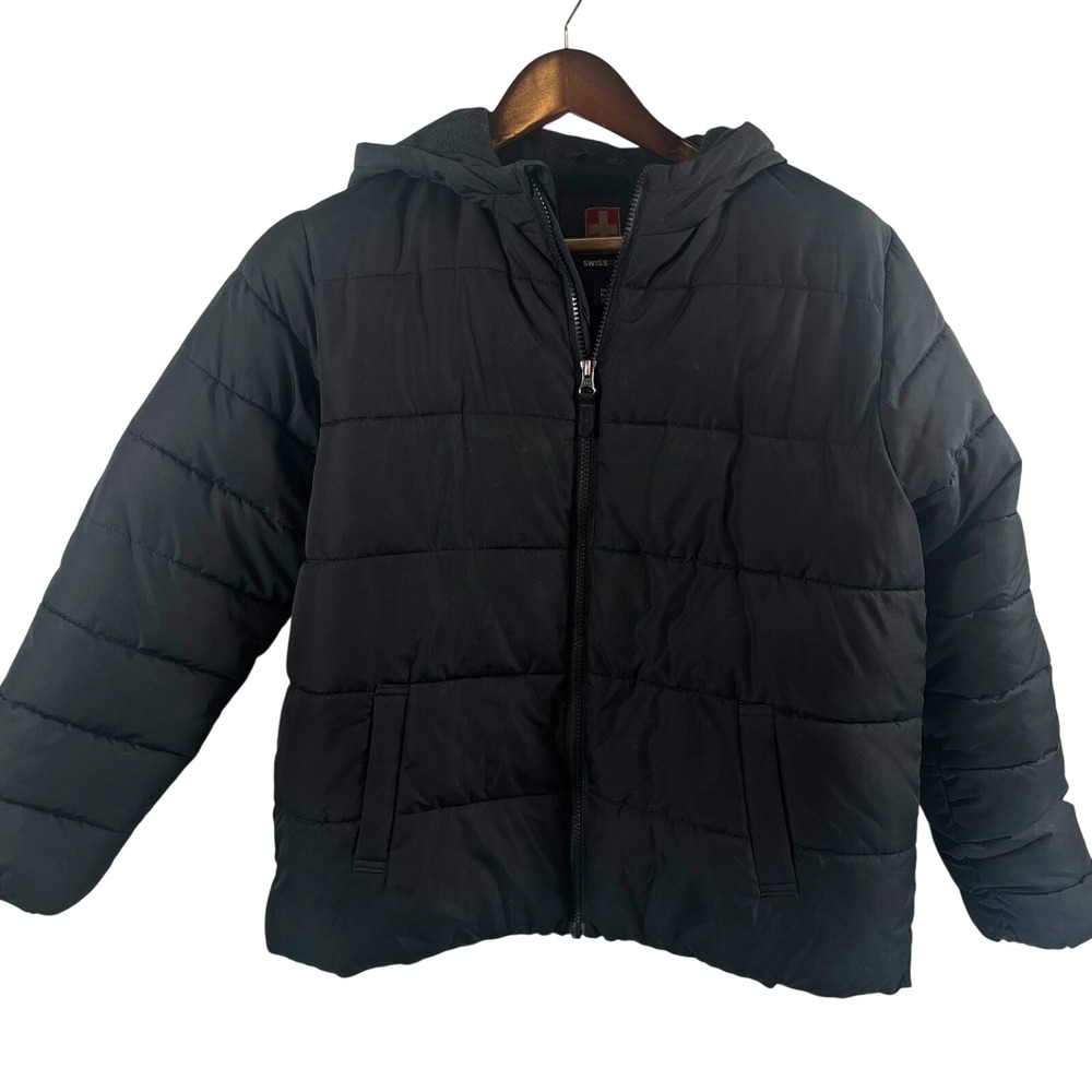 SwissTech Boys L 10-12 Husky Black Hooded Puffer Jacket Fleece Lined Winter